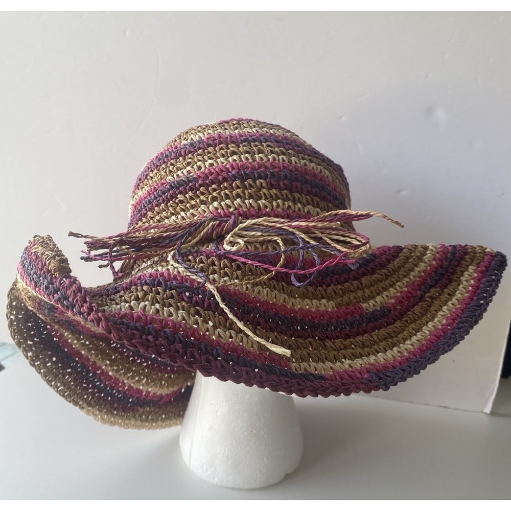 A New Day Striped Paper Straw‎ Sun Hat Wide Brim Boho Beach Crochet OSFM